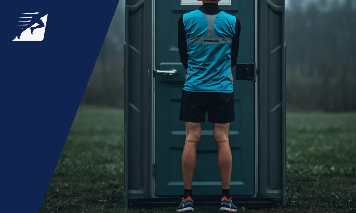 Läufer wartet vor einer Toilette