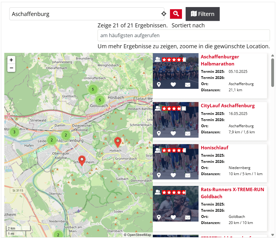 Im HDsports-Laufkalender kannst du dir über die Event-Karte z.B. alle Laufevents im Umkreis von Aschaffenburg anzeigen lassen.