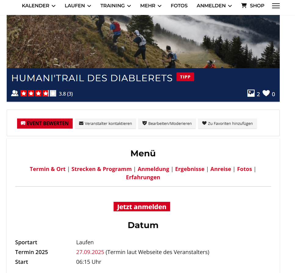 Eine Detailseite im Laufkalender Schweiz von HDsports.