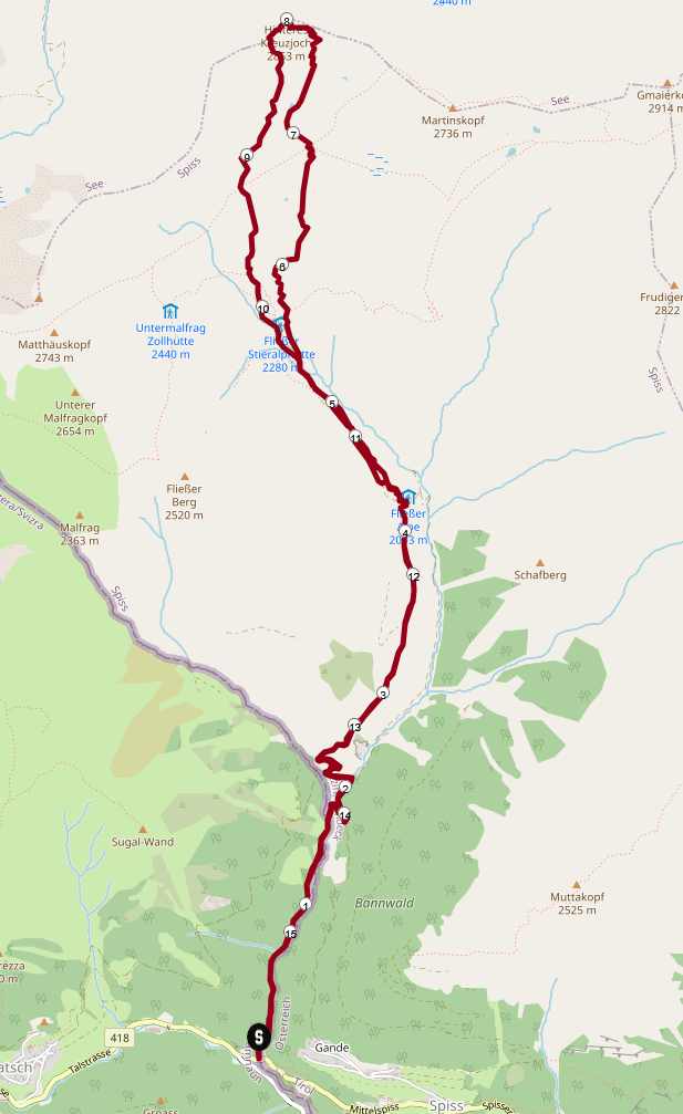 Streckenplan Skitour Hinteres Kreuzjoch Streckenplan Skitour Hinteres Kreuzjoch