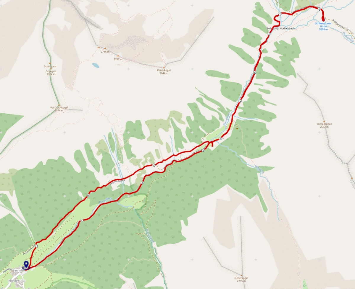 Streckenplan: Wanderung zur Schweinfurter Hütte von Niederthai Streckenplan: Wanderung zur Schweinfurter Hütte von Niederthai