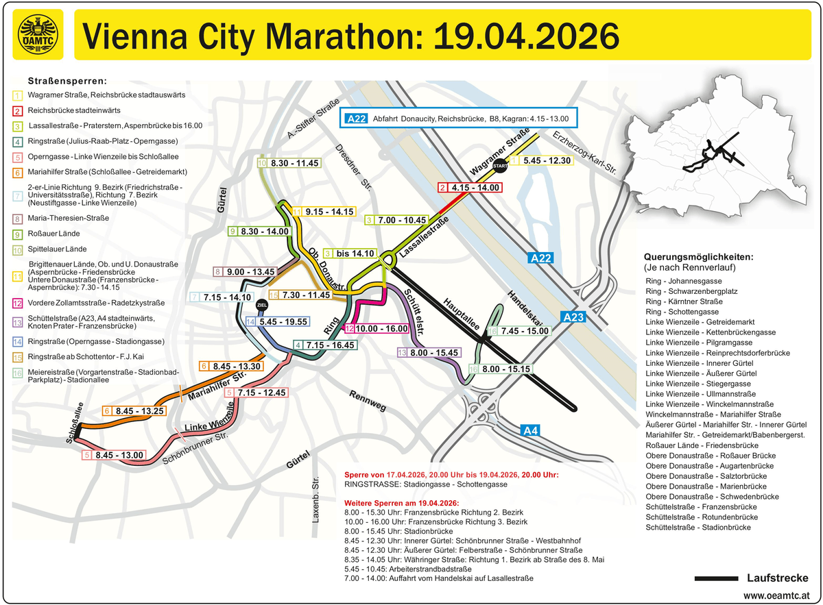 Vienna City Marathon 2026: Übersicht Straßensperren (© ÖAMTC) Vienna City Marathon 2026: Übersicht Straßensperren