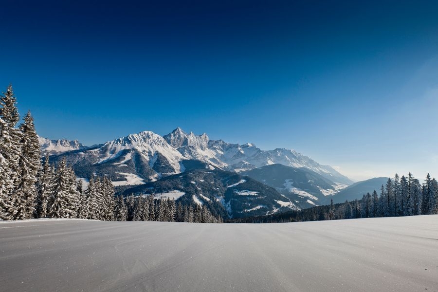 Skifahren mit Blick auf den Dachstein in Filzmoos. Foto: Tourismusinformation Filzmoos