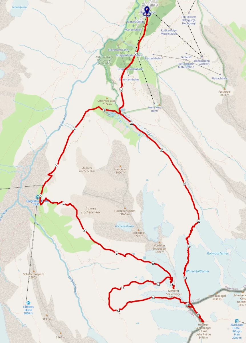Strecke Skitour Mittlerer und Hinterer Seelenkogel