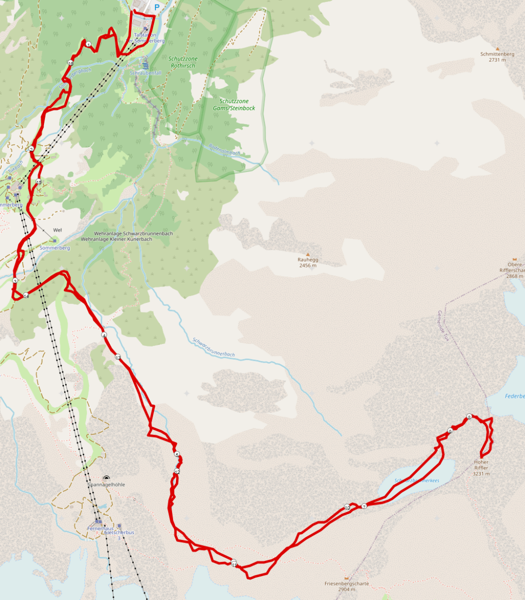 Strecke für die Skitour auf den Hohen Riffler