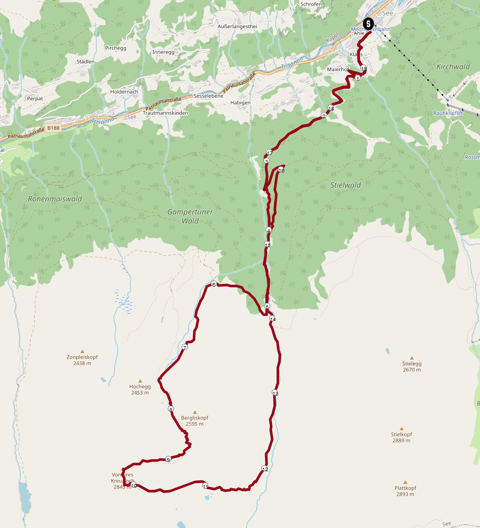 Skitour Vorderes Kreuzjoch von See: Streckenplan