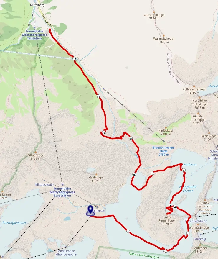Strecke Skitour Linker Fernerkogel vom Pitztaler Gletscher Strecke Skitour Linker Fernerkogel vom Pitztaler Gletscher