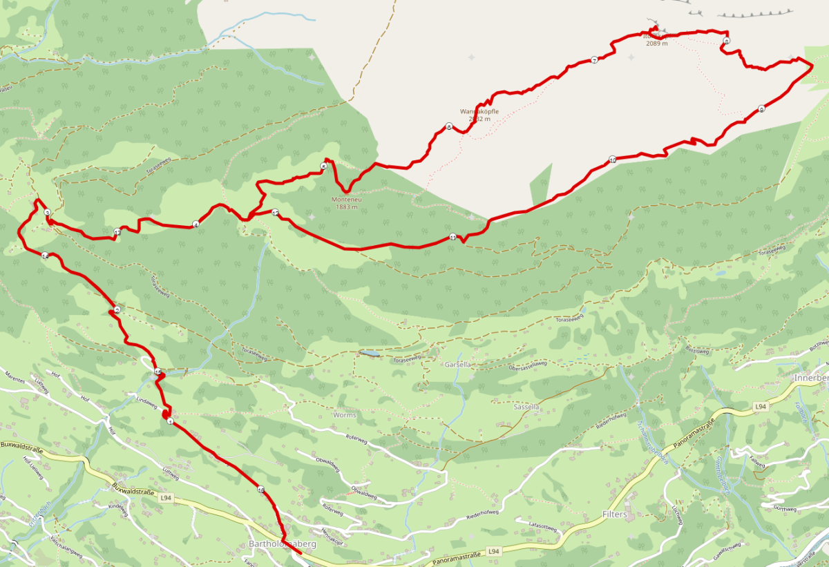 Strecke Wanderung Wannaköpfle und Itonskopf