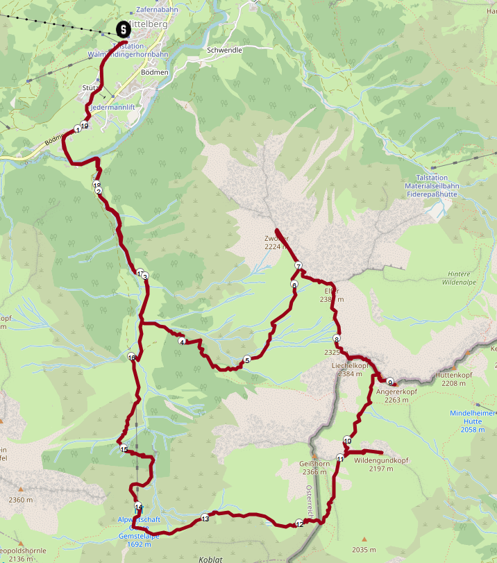 Zwölfer - Elfer - Liechelkopf - Angererkopf Überschreitung: Streckenplan