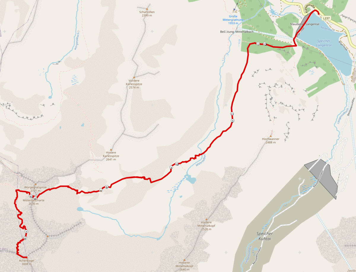 Strecke Acherkogel Normalweg / Nordflanke (einfachster Weg)