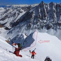 Skitour Hoher Seeblaskogel: Der rot markierte Bereich sollte auf keinen Fall betreten werden.